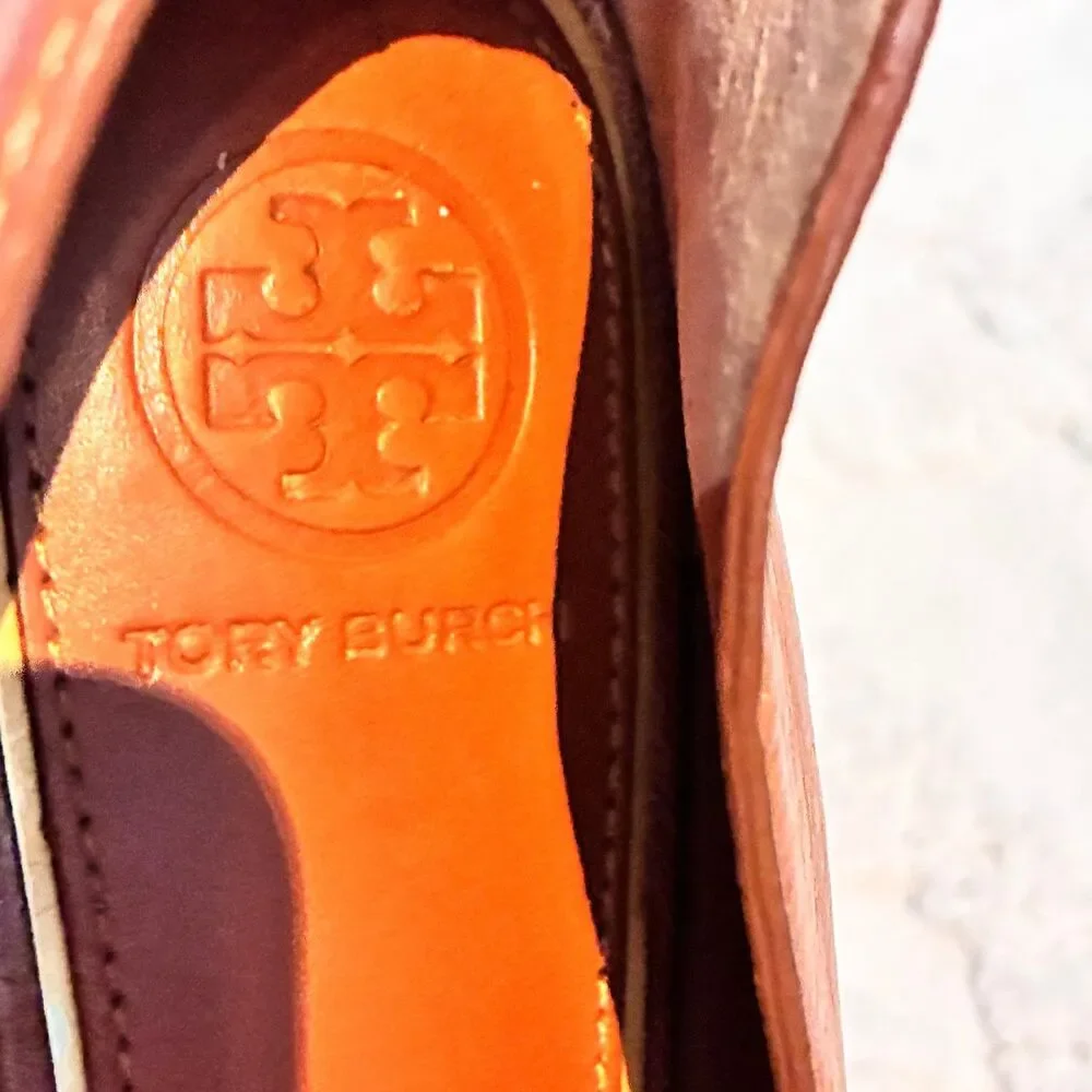 Tory Burch Miller Leather Loafers Cognac Brown Metal Logo Size 6.5